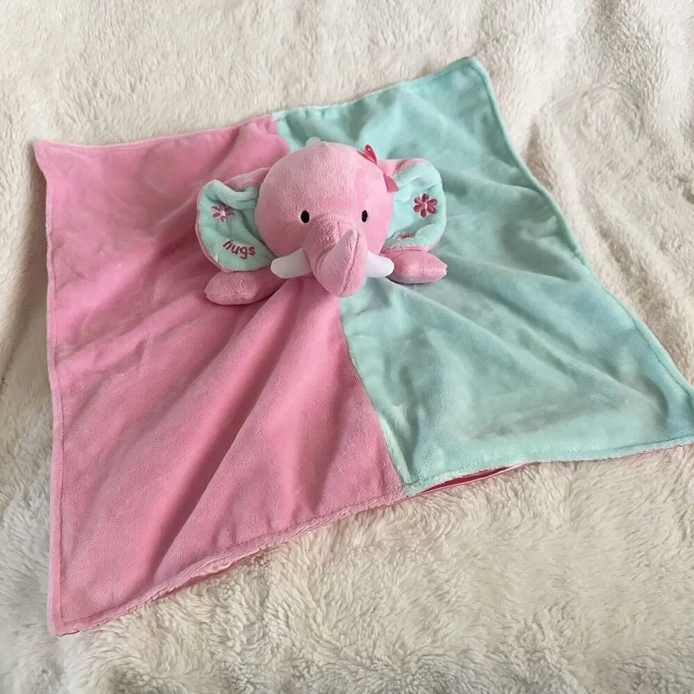 Okie Dokie Elephant Hugs 14” Lovey Rattle Pink Teal Security Blanket Baby Soft